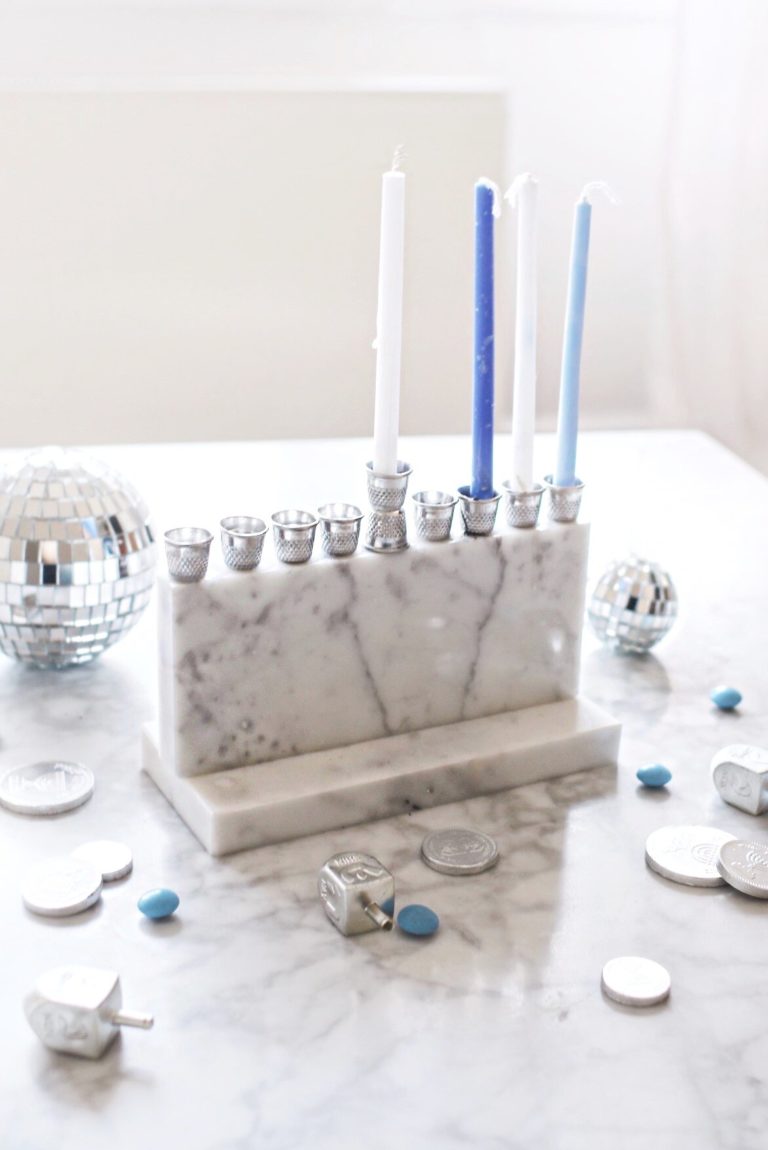DIY Recycled Marble Menorah with Sewing Thimbles
