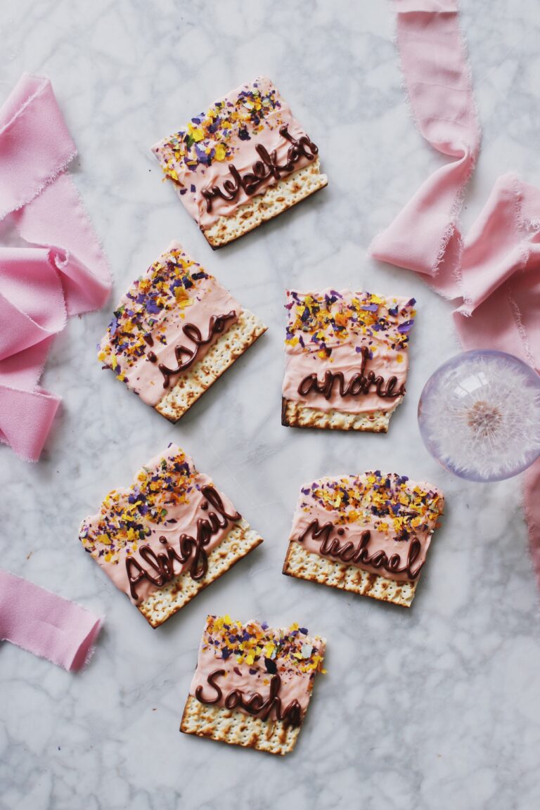 Pink Chocolate Matzah Place Cards with Edible Flower Dust