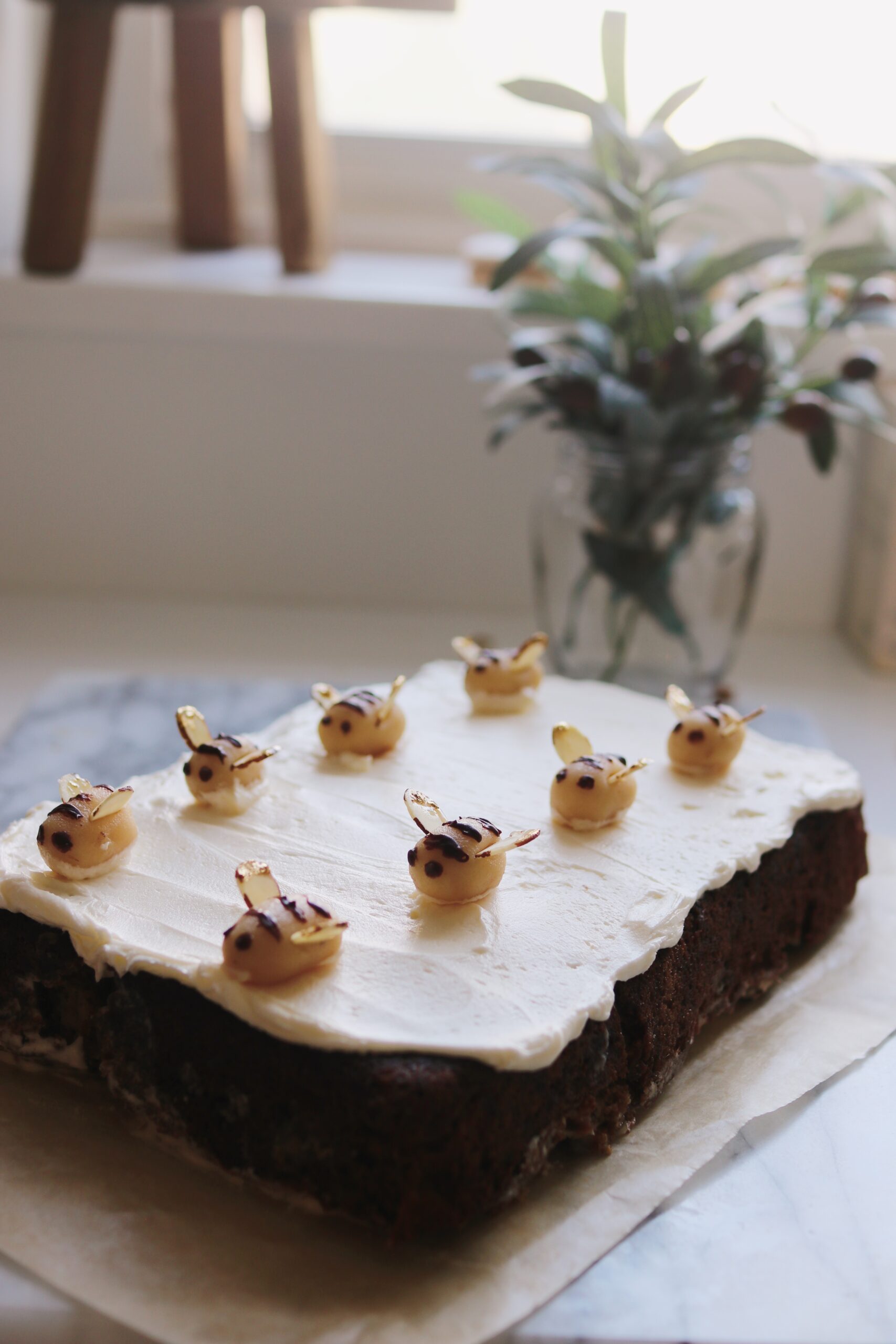 One-Bowl Apple Spice Cake with Marzipan Honey Bees